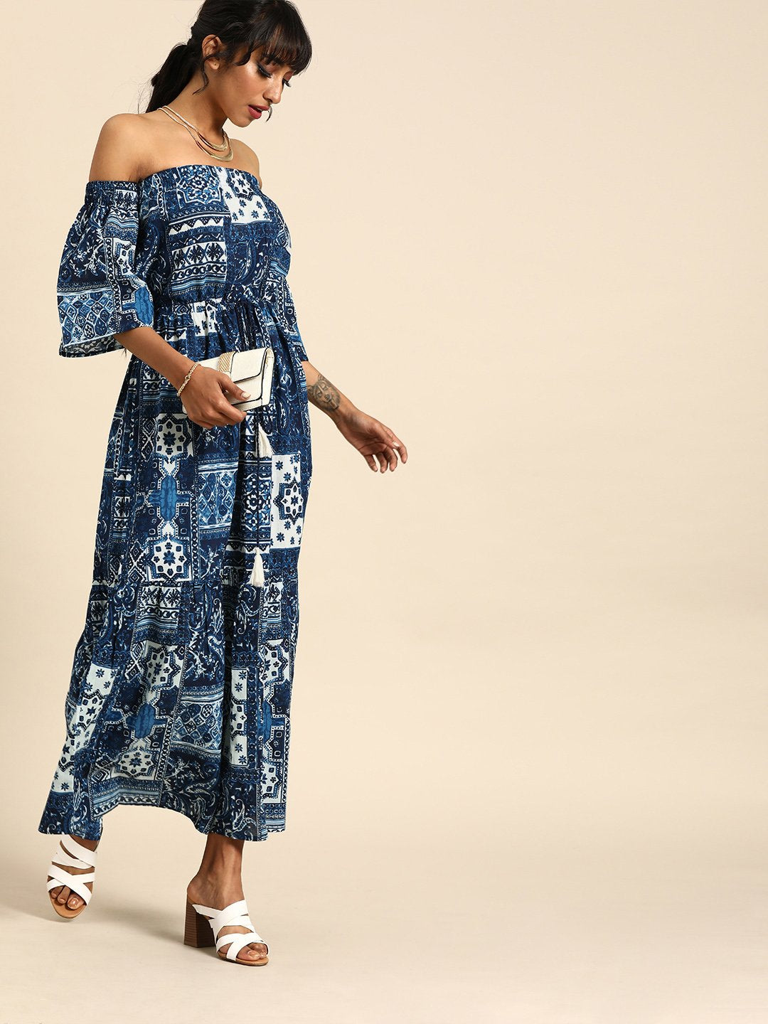 Women Navy Blue Bohemian Printed Strapless Cotton Maxi Dress | NOZ2TOZ - Made In INDIA.