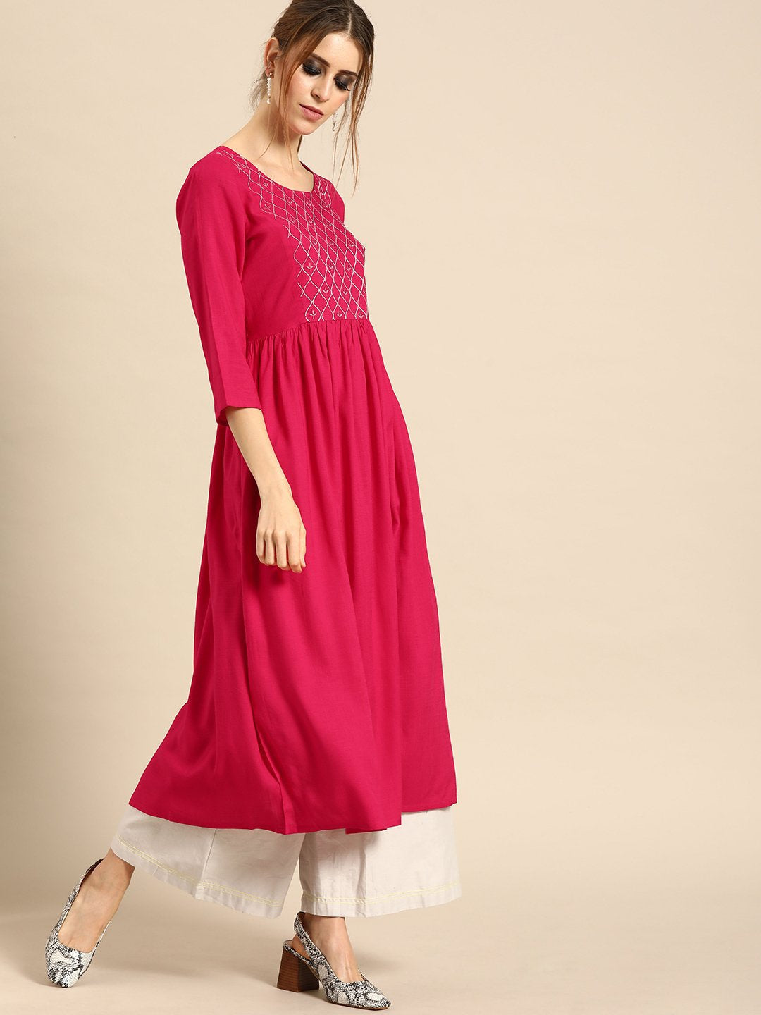 Women Pink Calf Length Three-Quarter Sleeves A-Line Solid Solid Viscose Rayon Embroided Kurta | NOZ2TOZ - Made In INDIA.