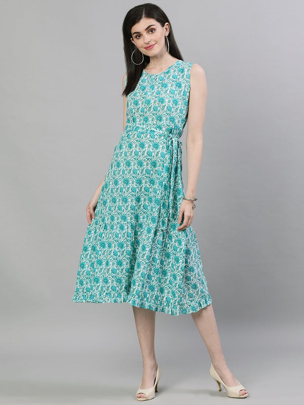 Women White Floral Printed Round Neck Cotton A-Line Dress | NOZ2TOZ - Made In INDIA.