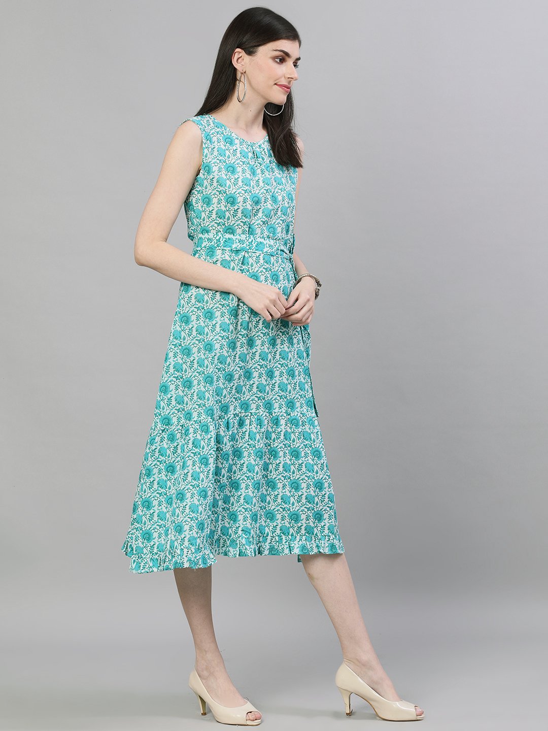 Women White Floral Printed Round Neck Cotton A-Line Dress | NOZ2TOZ - Made In INDIA.