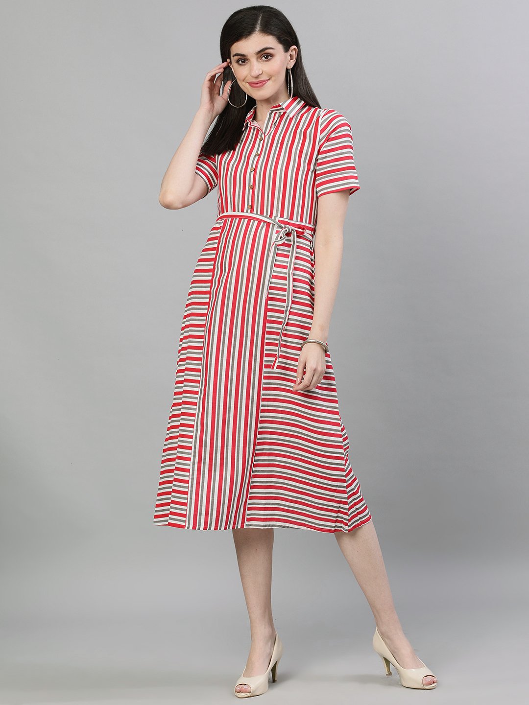 Women Red Striped Striped Shirt Collar Cotton A-Line Dress | NOZ2TOZ - Made In INDIA.