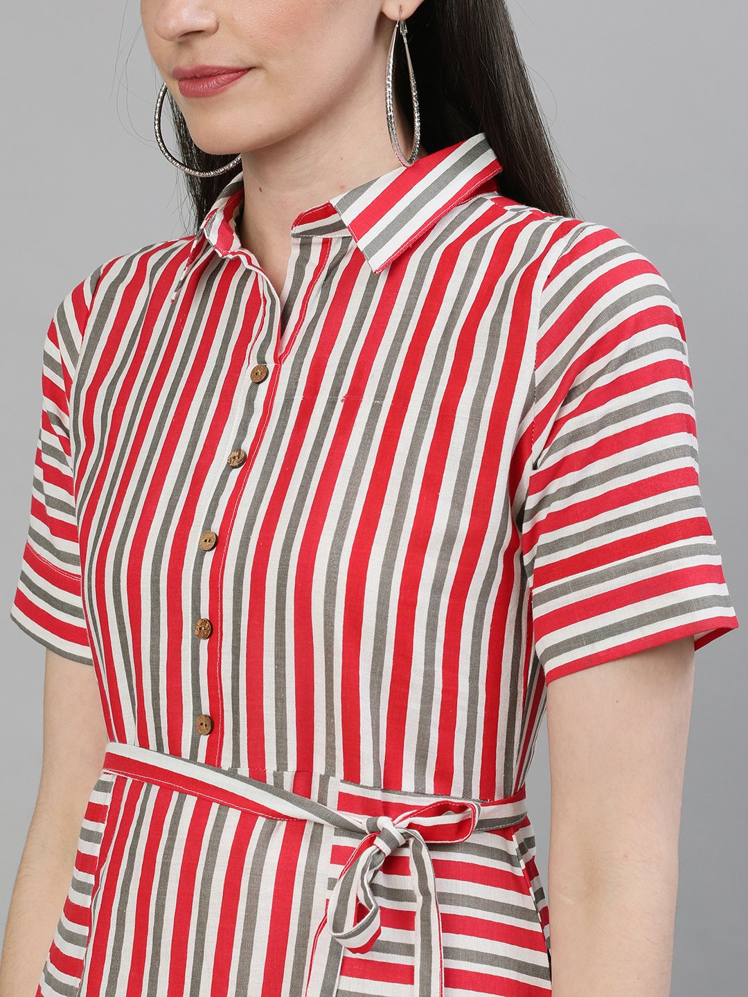 Women Red Striped Striped Shirt Collar Cotton A-Line Dress | NOZ2TOZ - Made In INDIA.