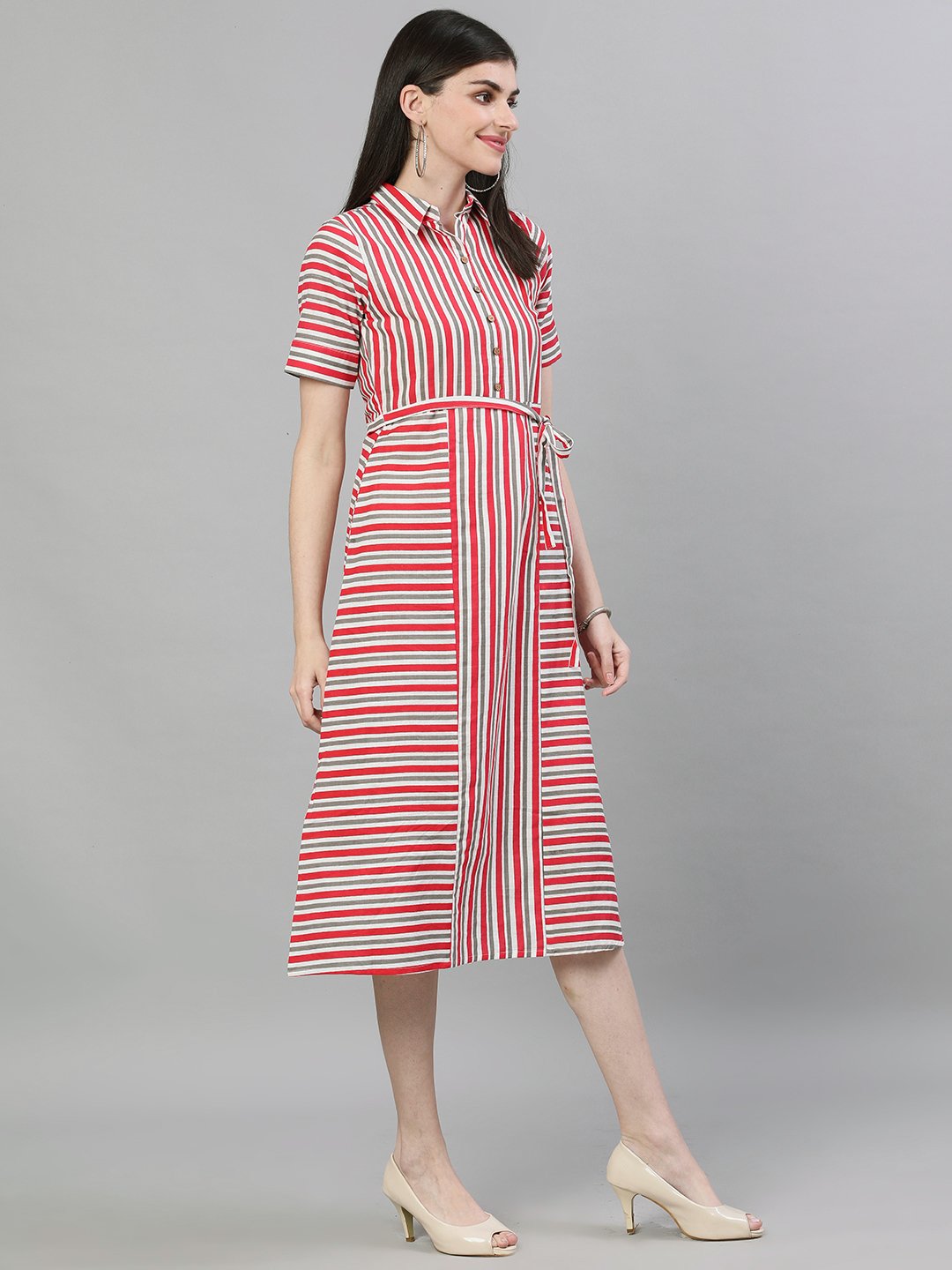 Women Red Striped Striped Shirt Collar Cotton A-Line Dress | NOZ2TOZ - Made In INDIA.