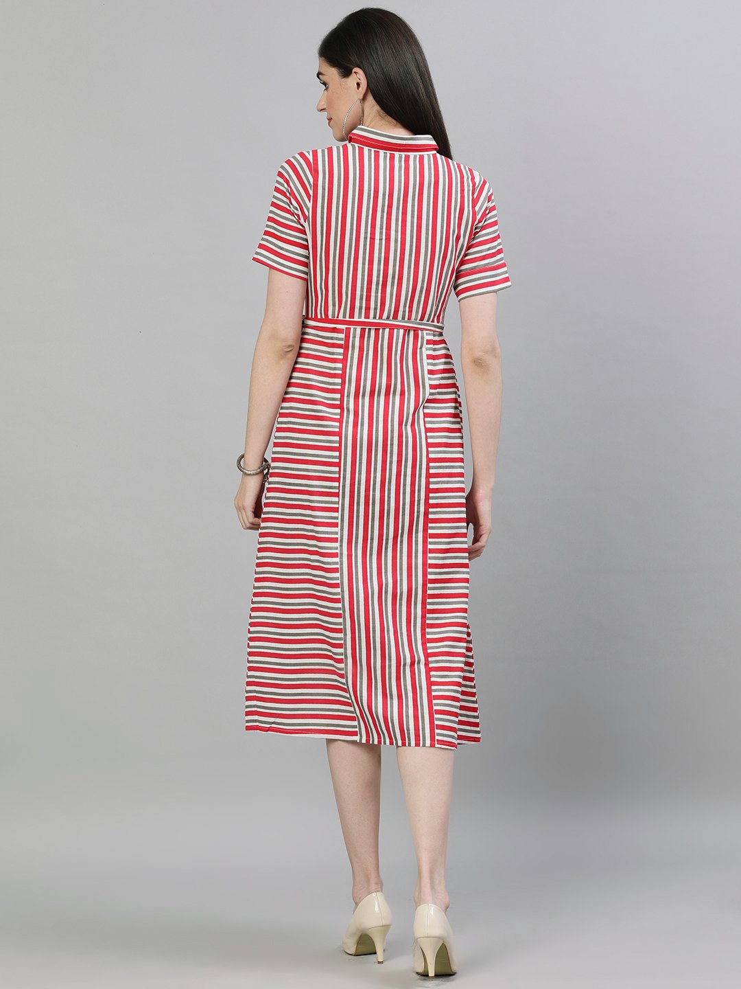 Women Red Striped Striped Shirt Collar Cotton A-Line Dress | NOZ2TOZ - Made In INDIA.