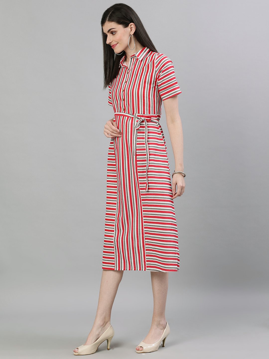 Women Red Striped Striped Shirt Collar Cotton A-Line Dress | NOZ2TOZ - Made In INDIA.