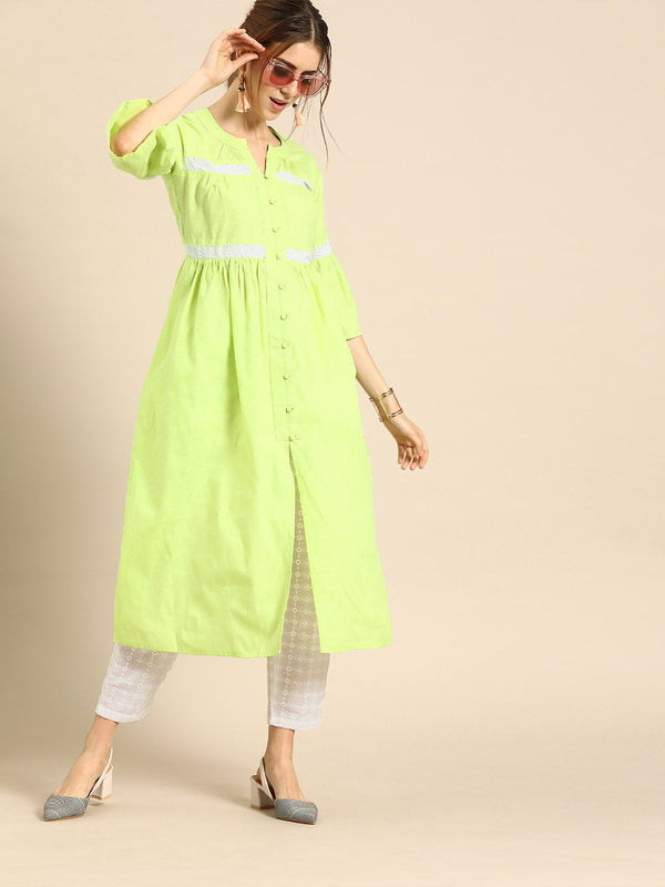 Women Pastel Green Three-Quarter Sleeves Solid Flared Pure Cotton Kurta with Schiffli Trouser | NOZ2TOZ - Made In INDIA.