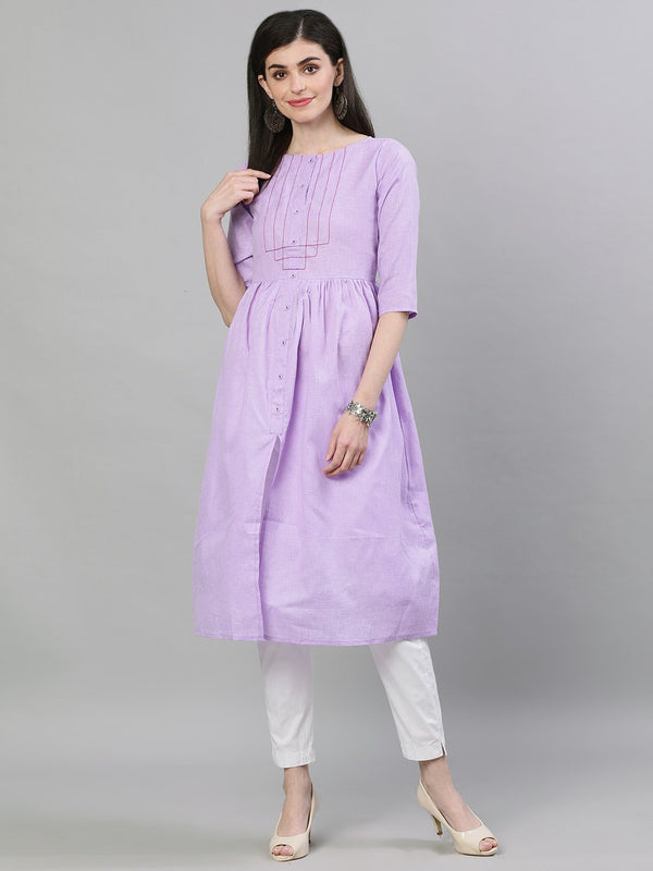 Women Lavender Calf Length Three-Quarter Sleeves A-Line Solid Solid Cotton Kurta | NOZ2TOZ - Made In INDIA.