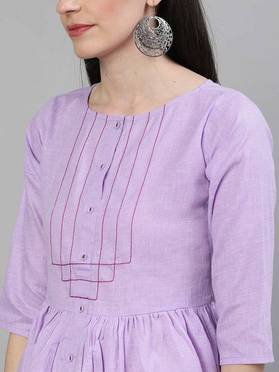 Women Lavender Calf Length Three-Quarter Sleeves A-Line Solid Solid Cotton Kurta | NOZ2TOZ - Made In INDIA.