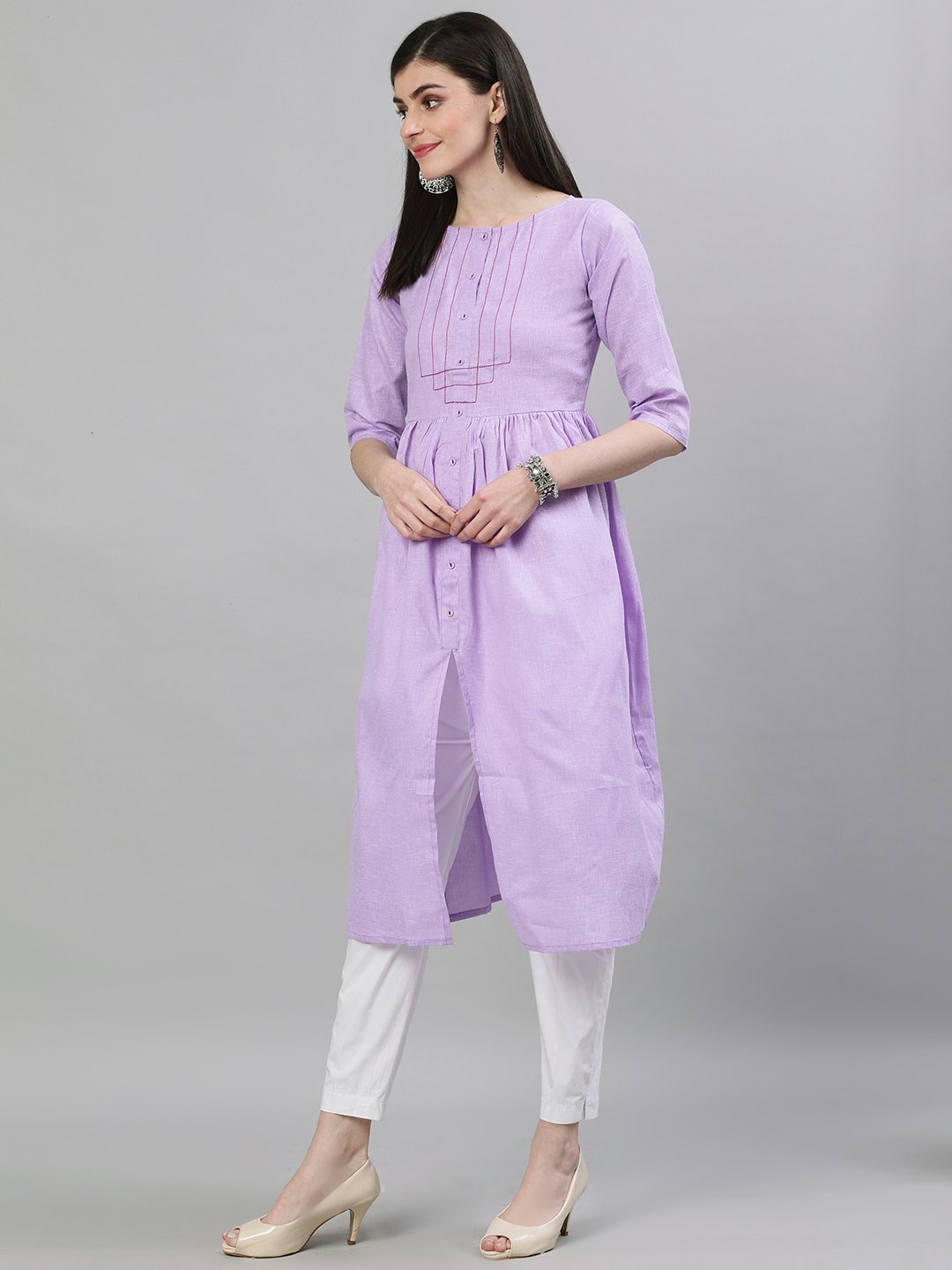 Women Lavender Calf Length Three-Quarter Sleeves A-Line Solid Solid Cotton Kurta | NOZ2TOZ - Made In INDIA.