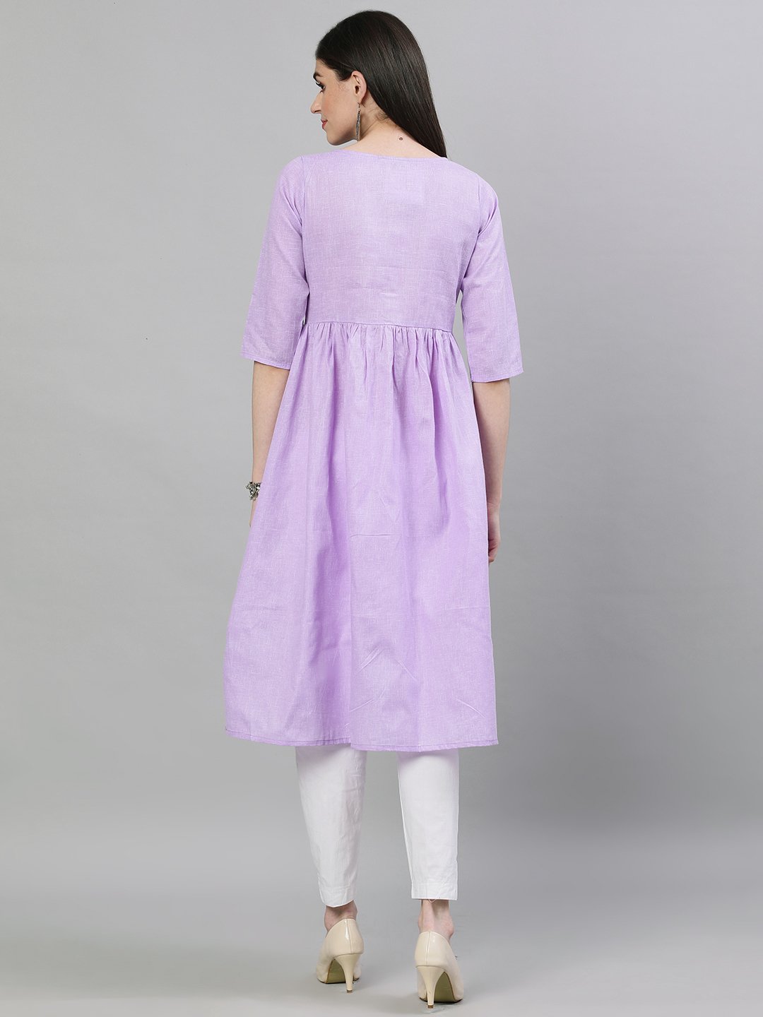 Women Lavender Calf Length Three-Quarter Sleeves A-Line Solid Solid Cotton Kurta | NOZ2TOZ - Made In INDIA.