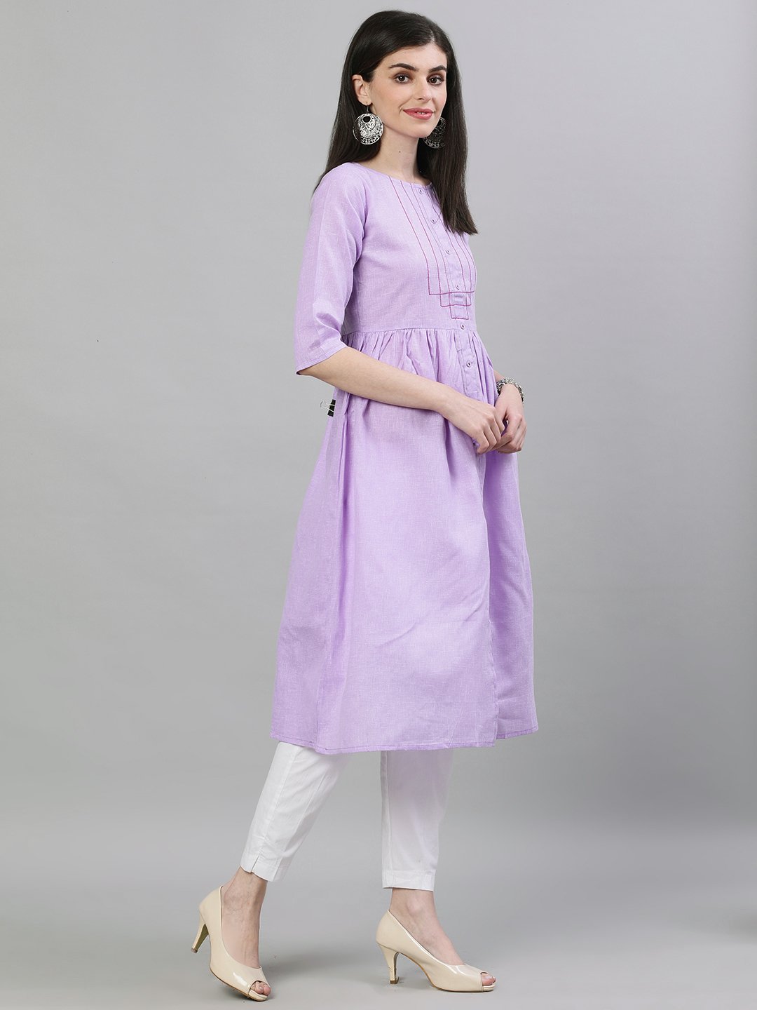 Women Lavender Calf Length Three-Quarter Sleeves A-Line Solid Solid Cotton Kurta | NOZ2TOZ - Made In INDIA.