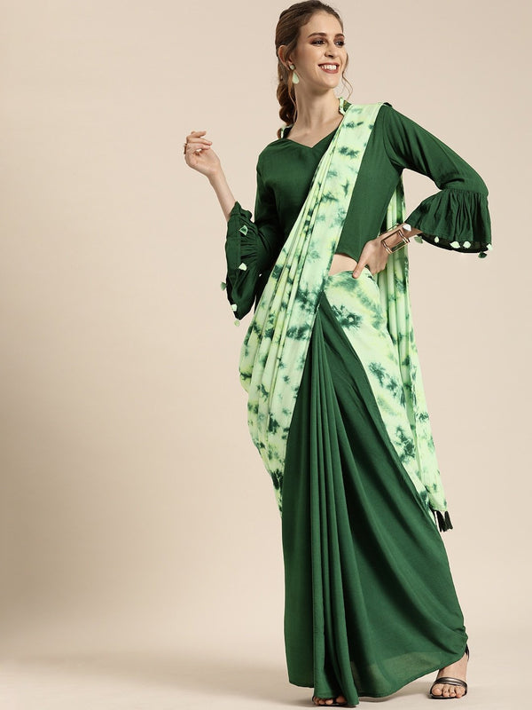 Green Dyed Pure Cotton Saree With Semi-Stitched Blouse | NOZ2TOZ - Made In INDIA.