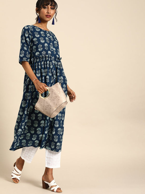 Women Indigo Blue Calf Length Three-Quarter Sleeves A-Line Floral Printed Cotton Kurta | NOZ2TOZ - Made In INDIA.