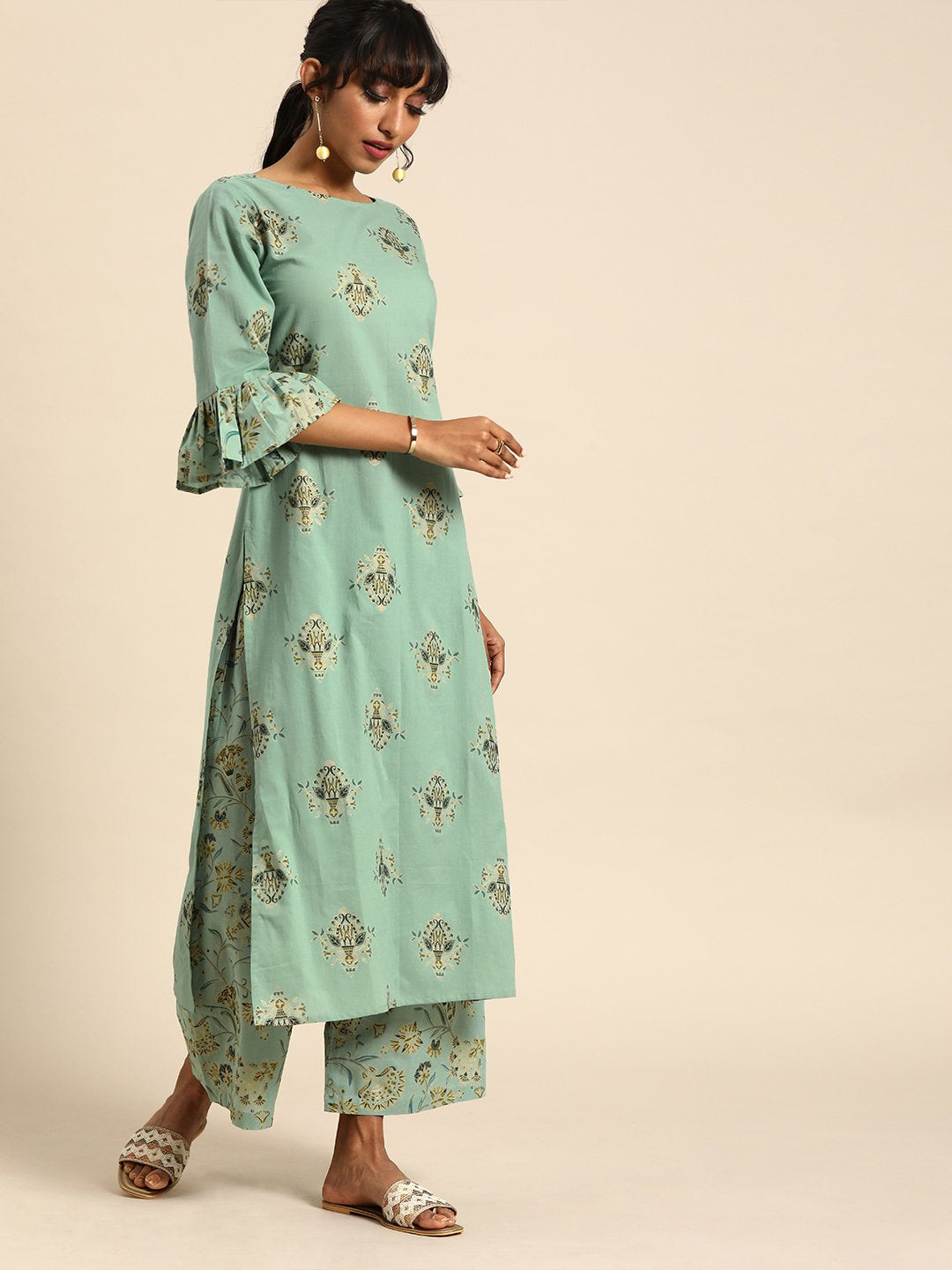 Women Pistachio Green Three-Quarter Sleeves Printed Straight Pure Cotton Kurta with Palazzo | NOZ2TOZ - Made In INDIA.