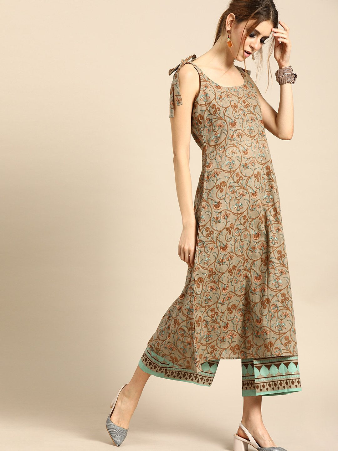 Women Brown Sleeveless Printed Flared Pure Cotton Kurta with Culottes | NOZ2TOZ - Made In INDIA.