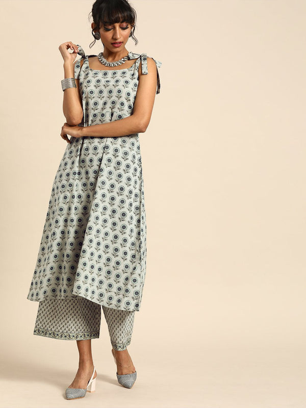 Women Grey Sleeveless Printed Flared Pure Cotton Kurta with Culottes | NOZ2TOZ - Made In INDIA.