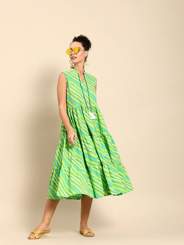 Women Green Calf Length Sleeveless A-Line Leheriya Striped Cotton Kurta | NOZ2TOZ - Made In INDIA.