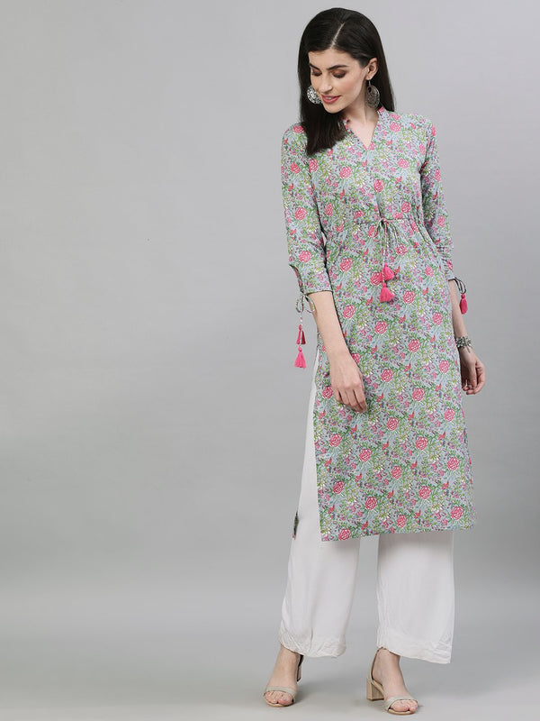 Women Light Grey Calf Length Three-Quarter Sleeves A-Line Floral Printed Cotton Kurta | NOZ2TOZ - Made In INDIA.