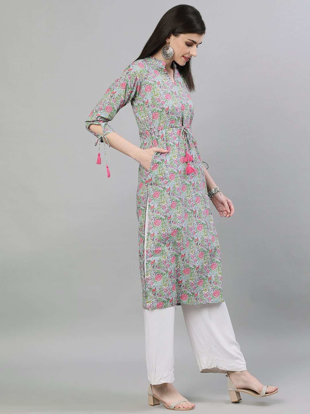 Women Light Grey Calf Length Three-Quarter Sleeves A-Line Floral Printed Cotton Kurta | NOZ2TOZ - Made In INDIA.