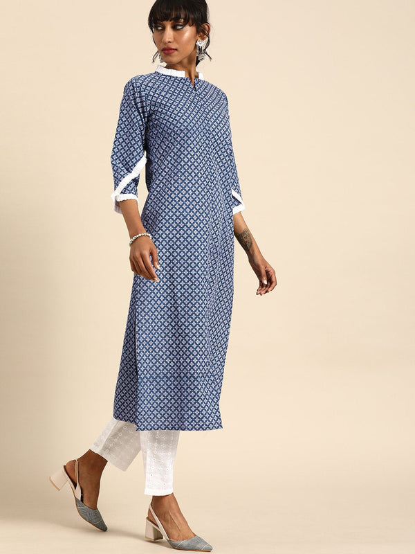 Women Indigo Blue Calf Length Three-Quarter Sleeves Straight Ethnic Motifs Printed Cotton Kurta | NOZ2TOZ - Made In INDIA.