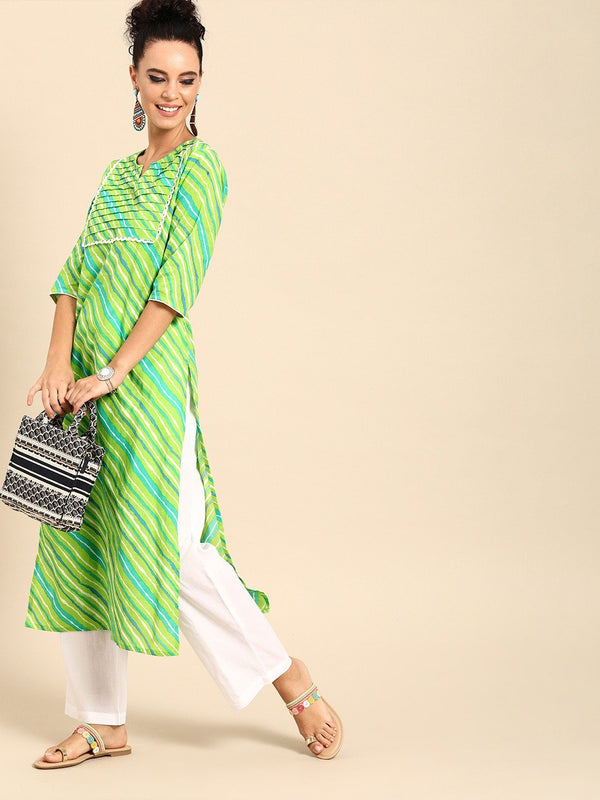 Women Green Three-Quarter Sleeves Striped Straight Pure Cotton Kurta with Palazzo Set | NOZ2TOZ - Made In INDIA.