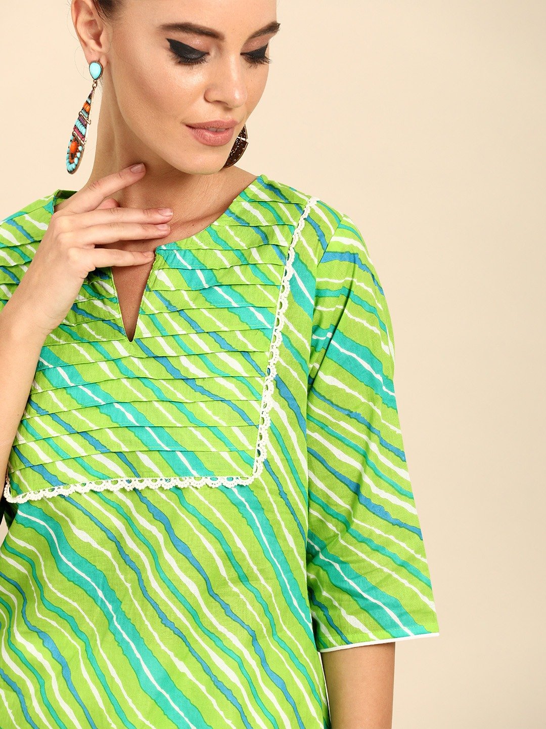 Women Green Three-Quarter Sleeves Striped Straight Pure Cotton Kurta with Palazzo Set | NOZ2TOZ - Made In INDIA.