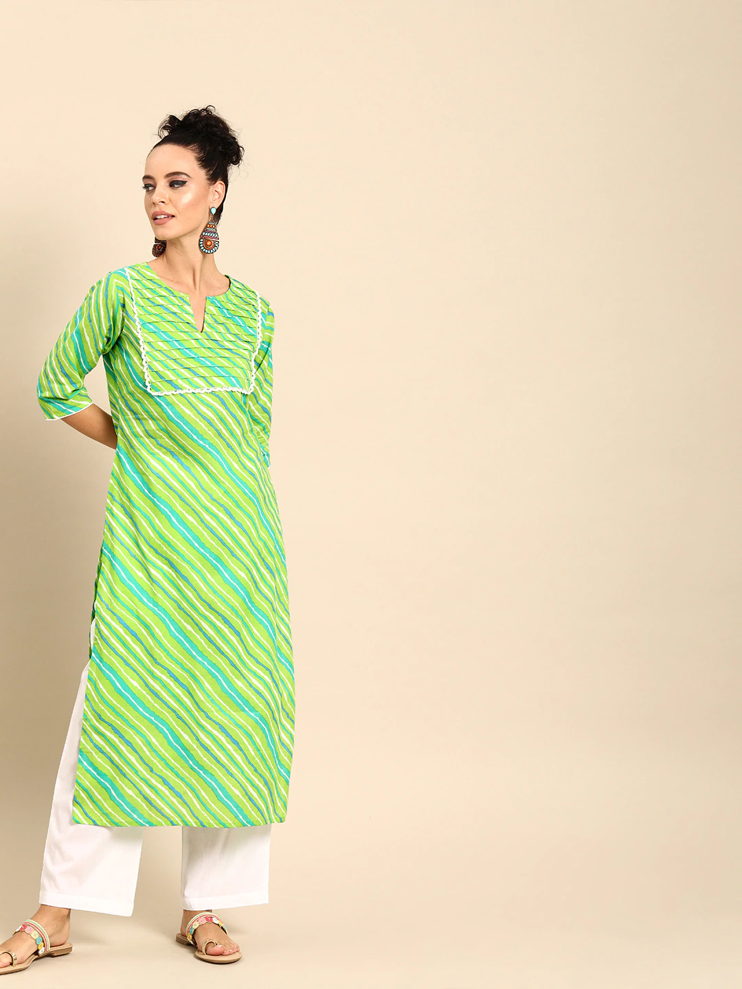 Women Green Three-Quarter Sleeves Striped Straight Pure Cotton Kurta with Palazzo Set | NOZ2TOZ - Made In INDIA.