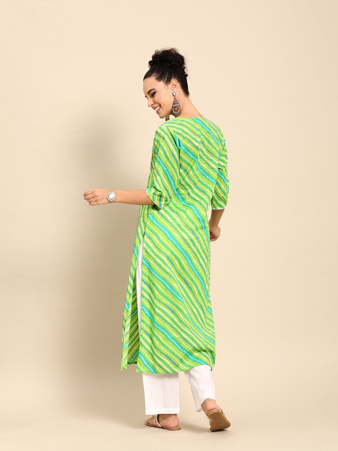 Women Green Three-Quarter Sleeves Striped Straight Pure Cotton Kurta with Palazzo Set | NOZ2TOZ - Made In INDIA.