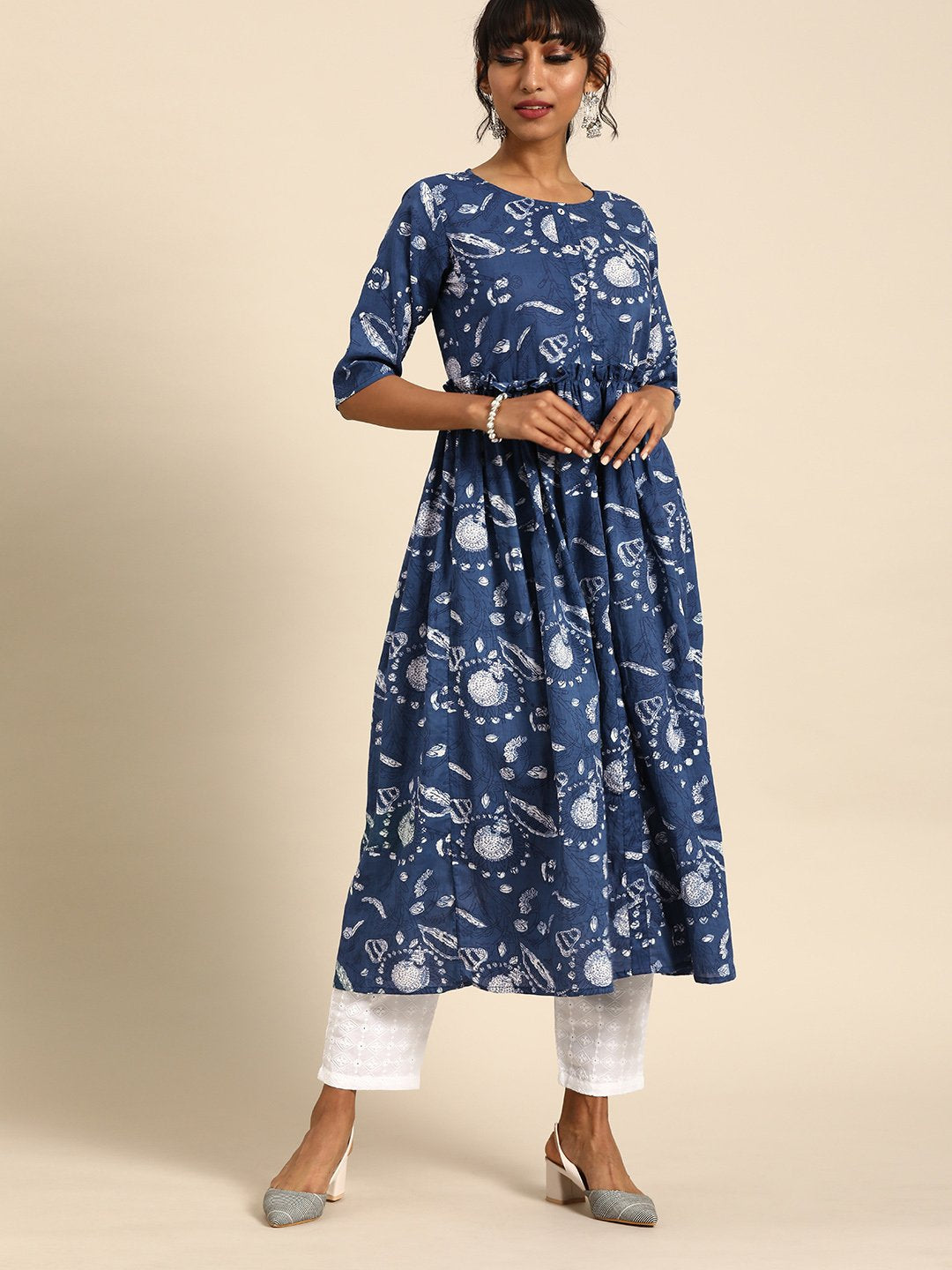 Women Indigo Blue Calf Length Three-Quarter Sleeves A-Line Quirky Printed Cotton Kurta | NOZ2TOZ - Made In INDIA.