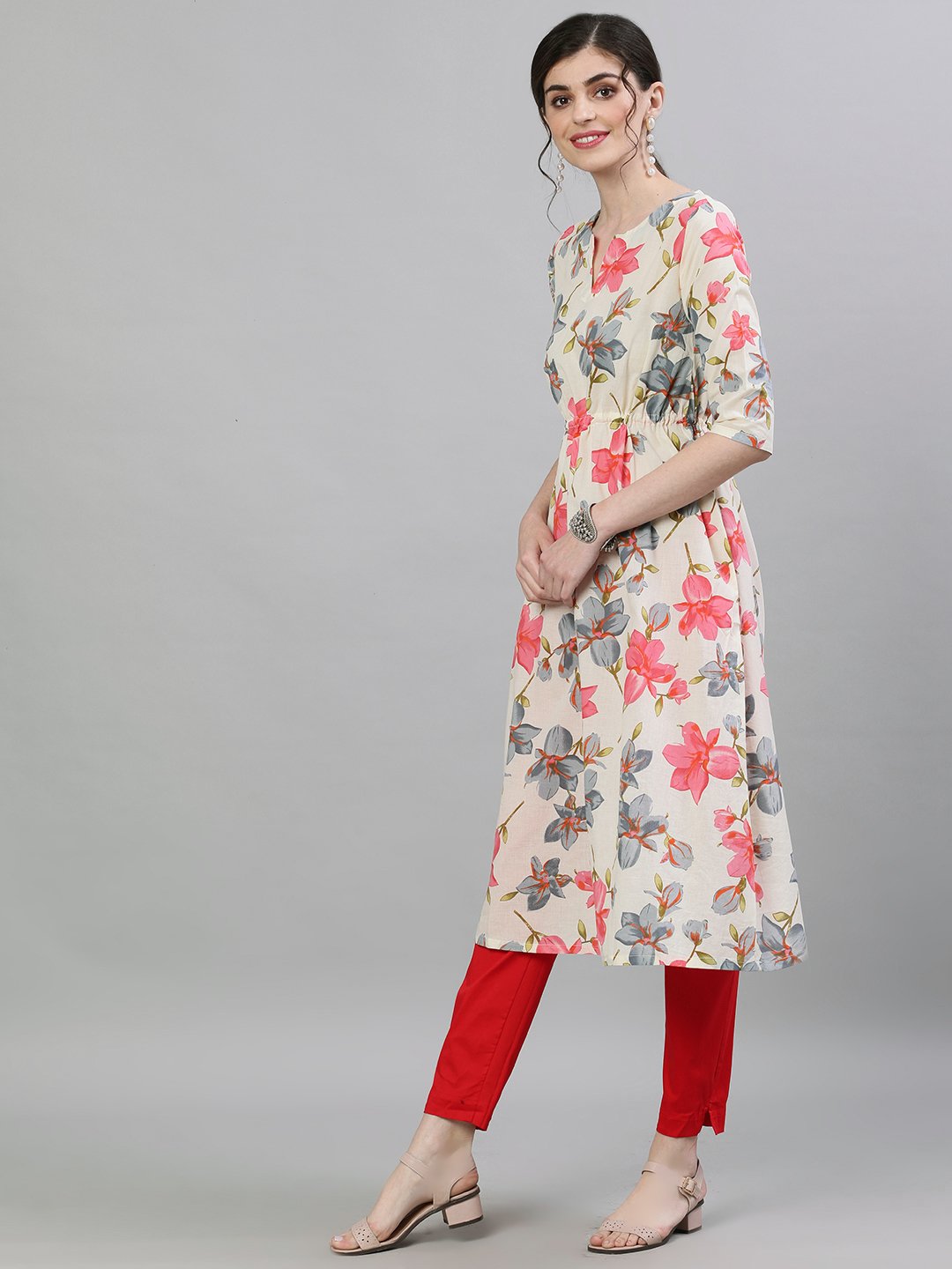 Women Cream Calf Length Three-Quarter Sleeves A-Line Floral Printed Cotton Kurta | NOZ2TOZ - Made In INDIA.