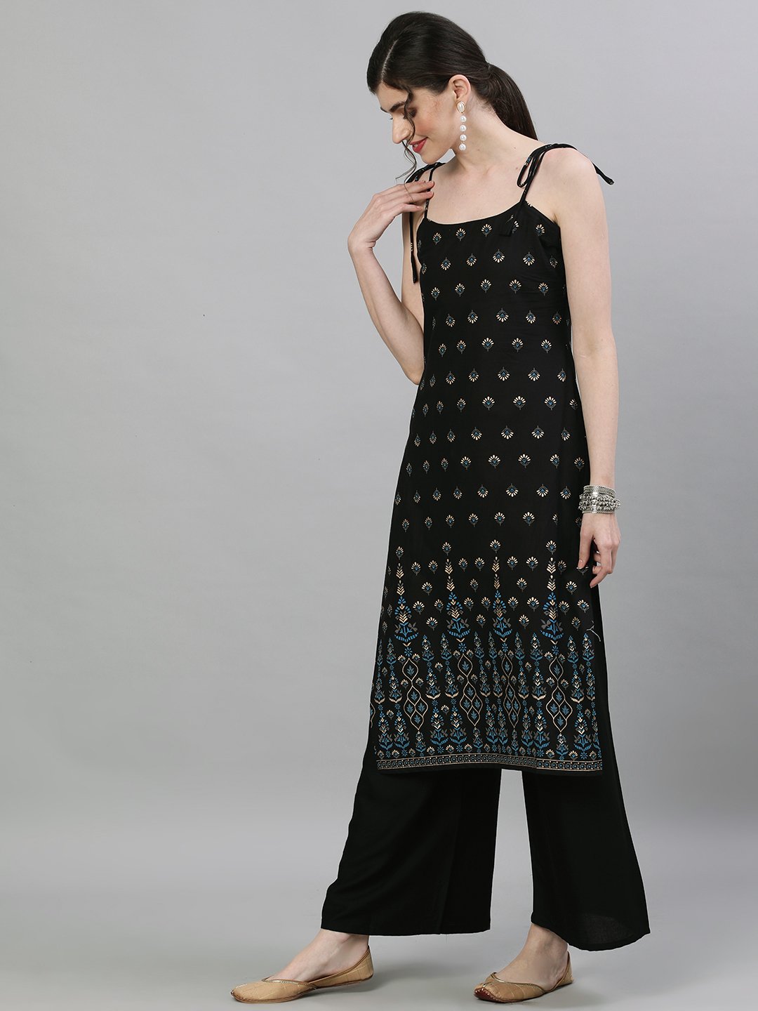 Women Black Calf Length Sleeveless Straight Ethnic Motifs Printed Cotton Kurta | NOZ2TOZ - Made In INDIA.