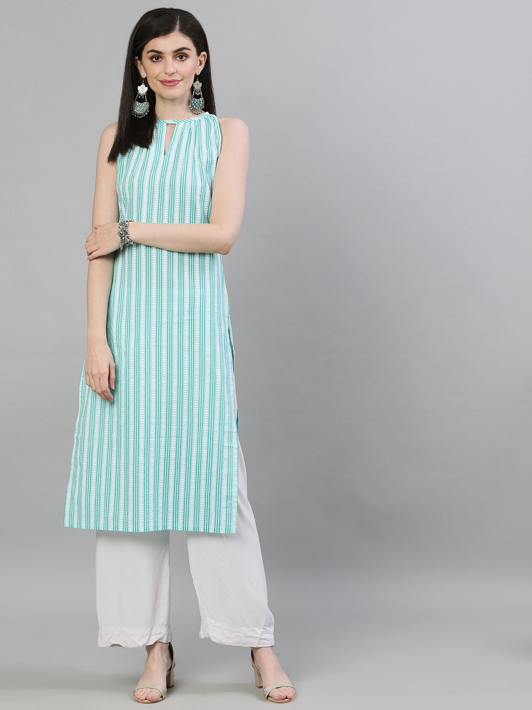 Women Aqua Green Calf Length Sleeveless Straight Striped Printed Cotton Kurta | NOZ2TOZ - Made In INDIA.