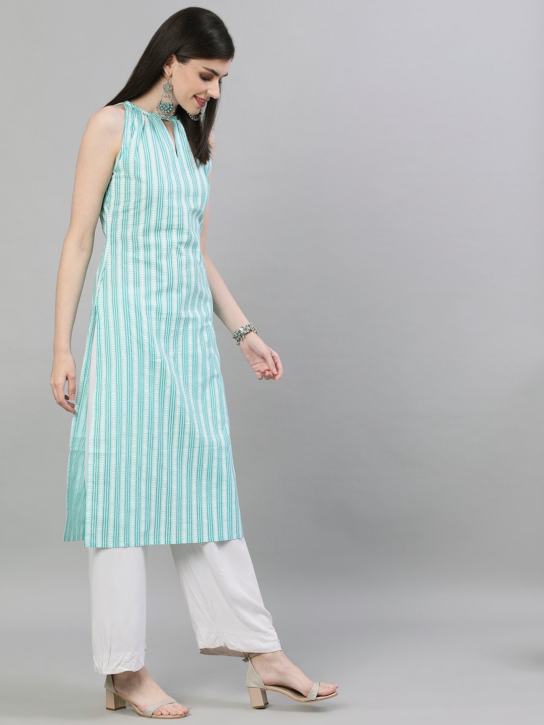 Women Aqua Green Calf Length Sleeveless Straight Striped Printed Cotton Kurta | NOZ2TOZ - Made In INDIA.