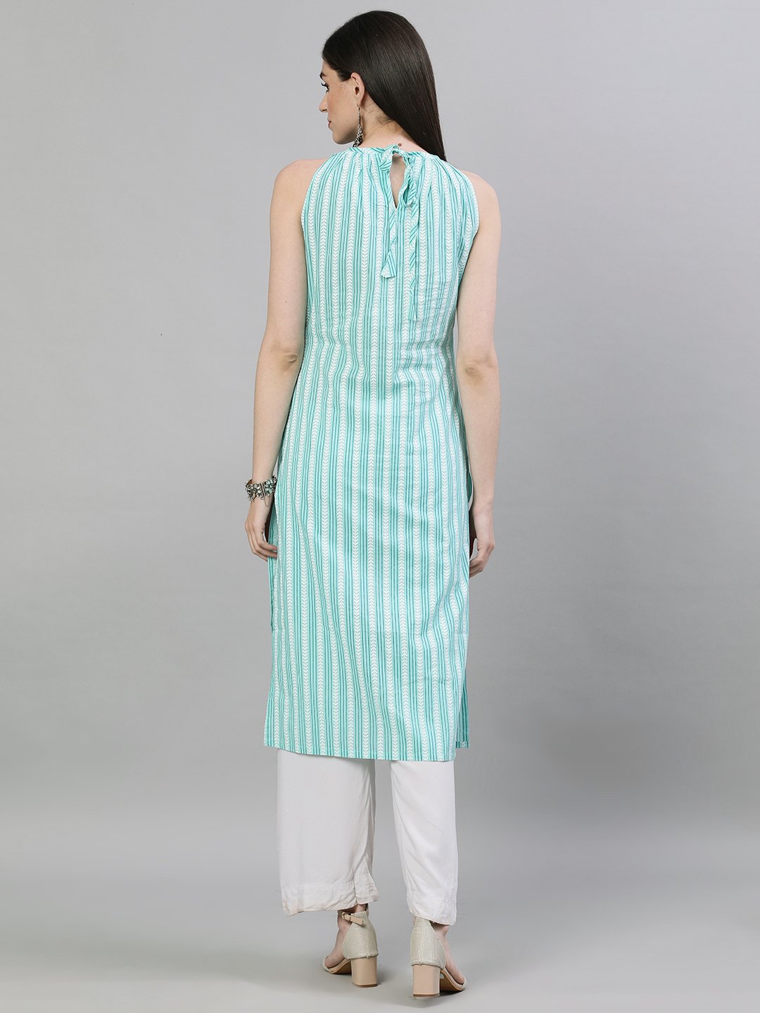 Women Aqua Green Calf Length Sleeveless Straight Striped Printed Cotton Kurta | NOZ2TOZ - Made In INDIA.