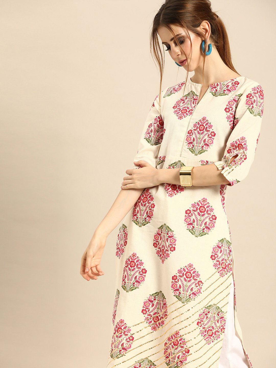 Women Cream Calf Length Three-Quarter Sleeves Straight Ethnic Motifs Printed Cotton Kurta | NOZ2TOZ - Made In INDIA.