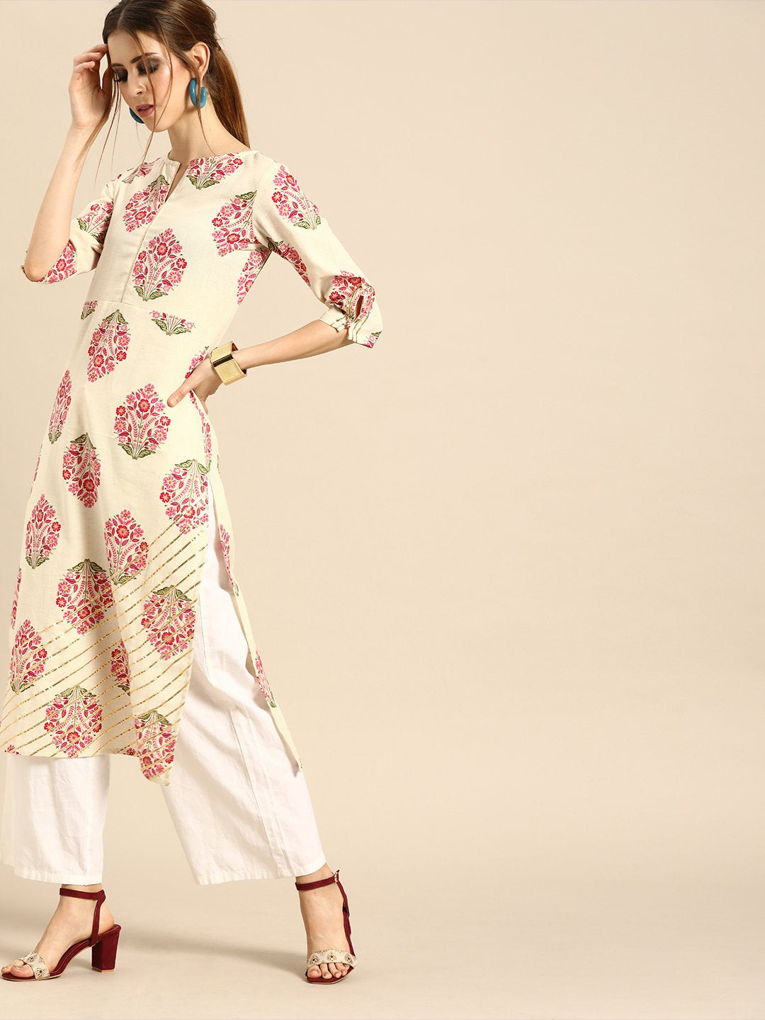 Women Cream Calf Length Three-Quarter Sleeves Straight Ethnic Motifs Printed Cotton Kurta | NOZ2TOZ - Made In INDIA.