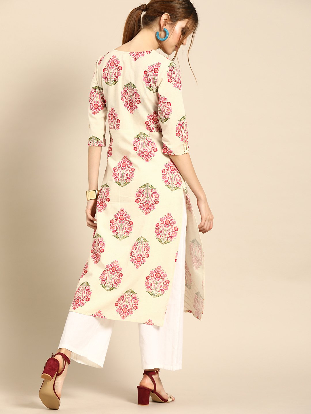 Women Cream Calf Length Three-Quarter Sleeves Straight Ethnic Motifs Printed Cotton Kurta | NOZ2TOZ - Made In INDIA.