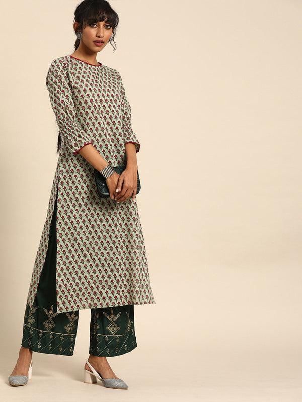 Women Green Calf Length Three-Quarter Sleeves Straight Floral Printed Cotton Kurta | NOZ2TOZ - Made In INDIA.