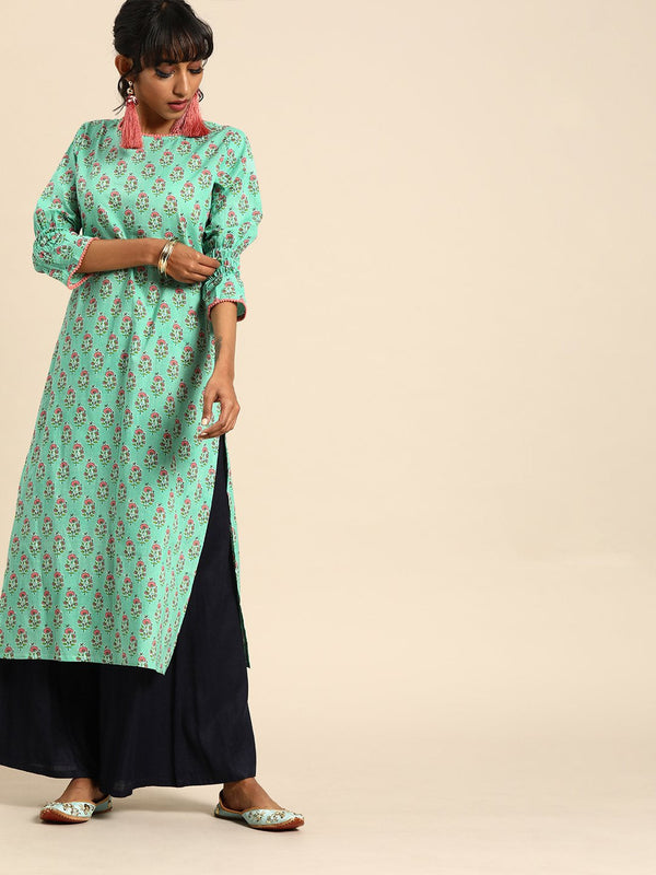 Women Pastel Green Calf Length Three-Quarter Sleeves Straight Floral Printed Cotton Kurta | NOZ2TOZ - Made In INDIA.