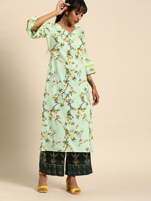 Women Green Calf Length Three-Quarter Sleeves A-Line Floral Printed Cotton Kurta | NOZ2TOZ - Made In INDIA.