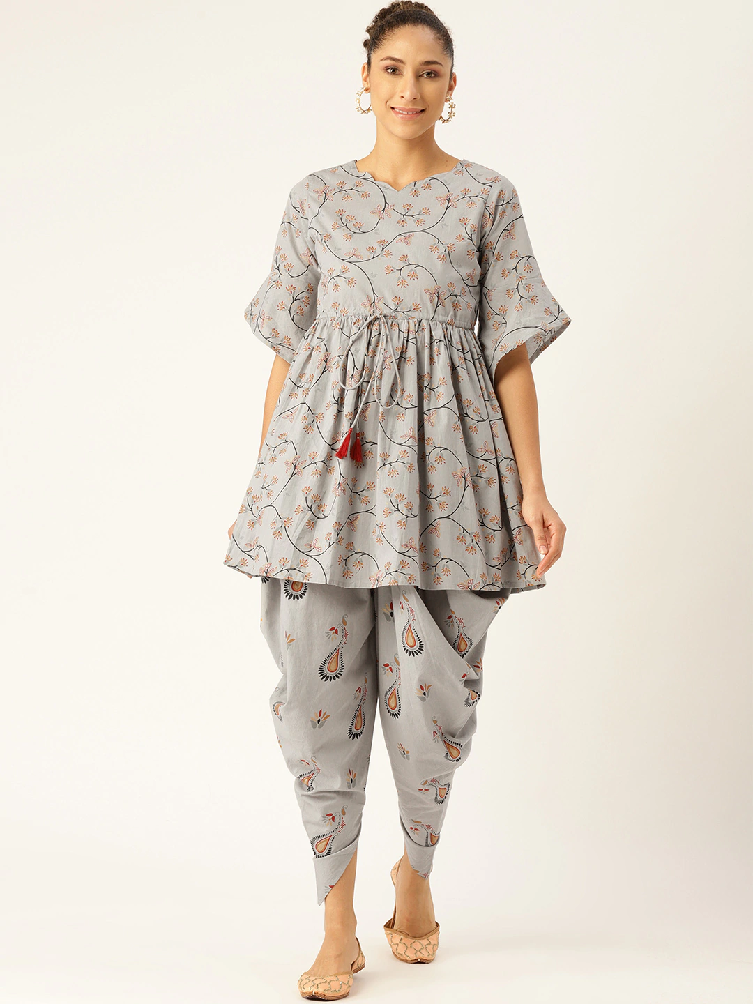 Women Grey Three-Quarter Sleeves Flared Kurta And Dhoti Set | NOZ2TOZ - Made In INDIA.