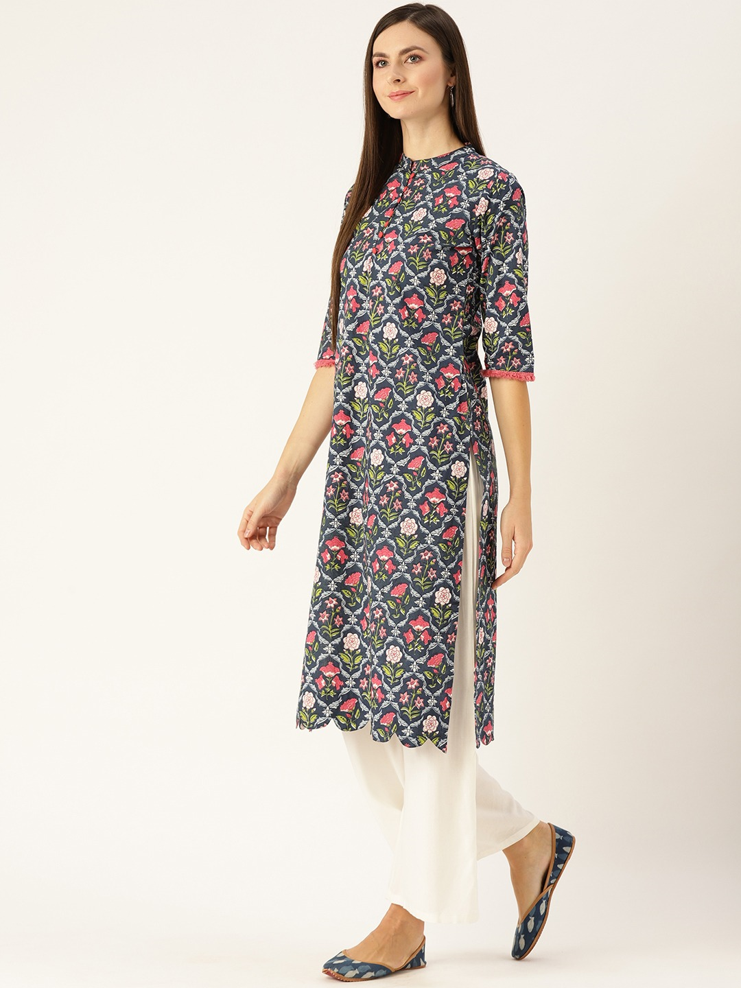 Women Blue Calf Length Three-Quarter Sleeves Straight Floral Printed Cotton Kurta | NOZ2TOZ - Made In INDIA.