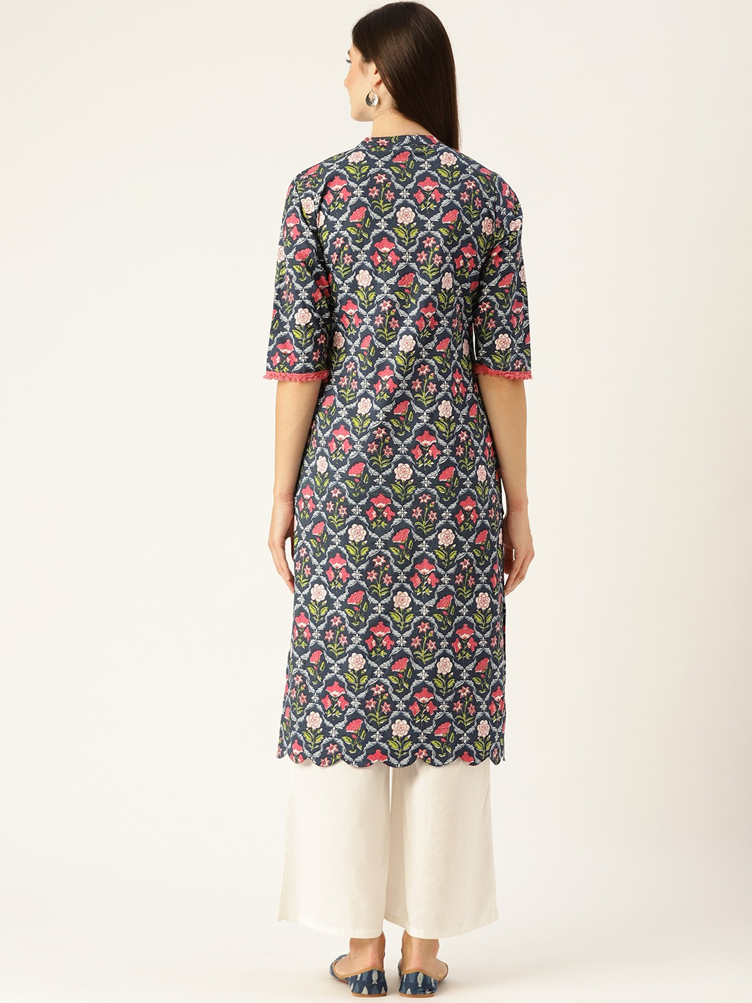 Women Blue Calf Length Three-Quarter Sleeves Straight Floral Printed Cotton Kurta | NOZ2TOZ - Made In INDIA.