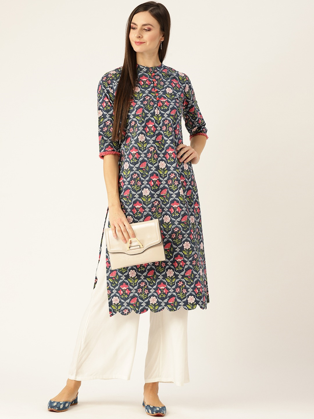 Women Blue Calf Length Three-Quarter Sleeves Straight Floral Printed Cotton Kurta | NOZ2TOZ - Made In INDIA.