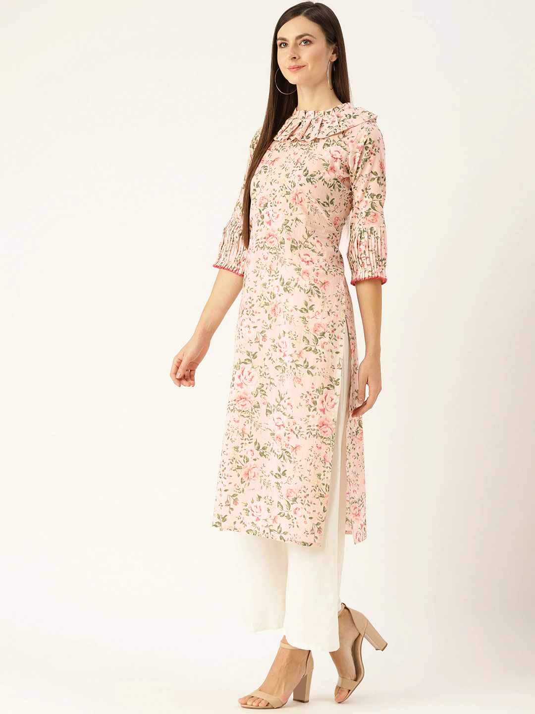 Women Pastel Pink Calf Length Three-Quarter Sleeves Straight Floral Printed  Kurta | NOZ2TOZ - Made In INDIA.