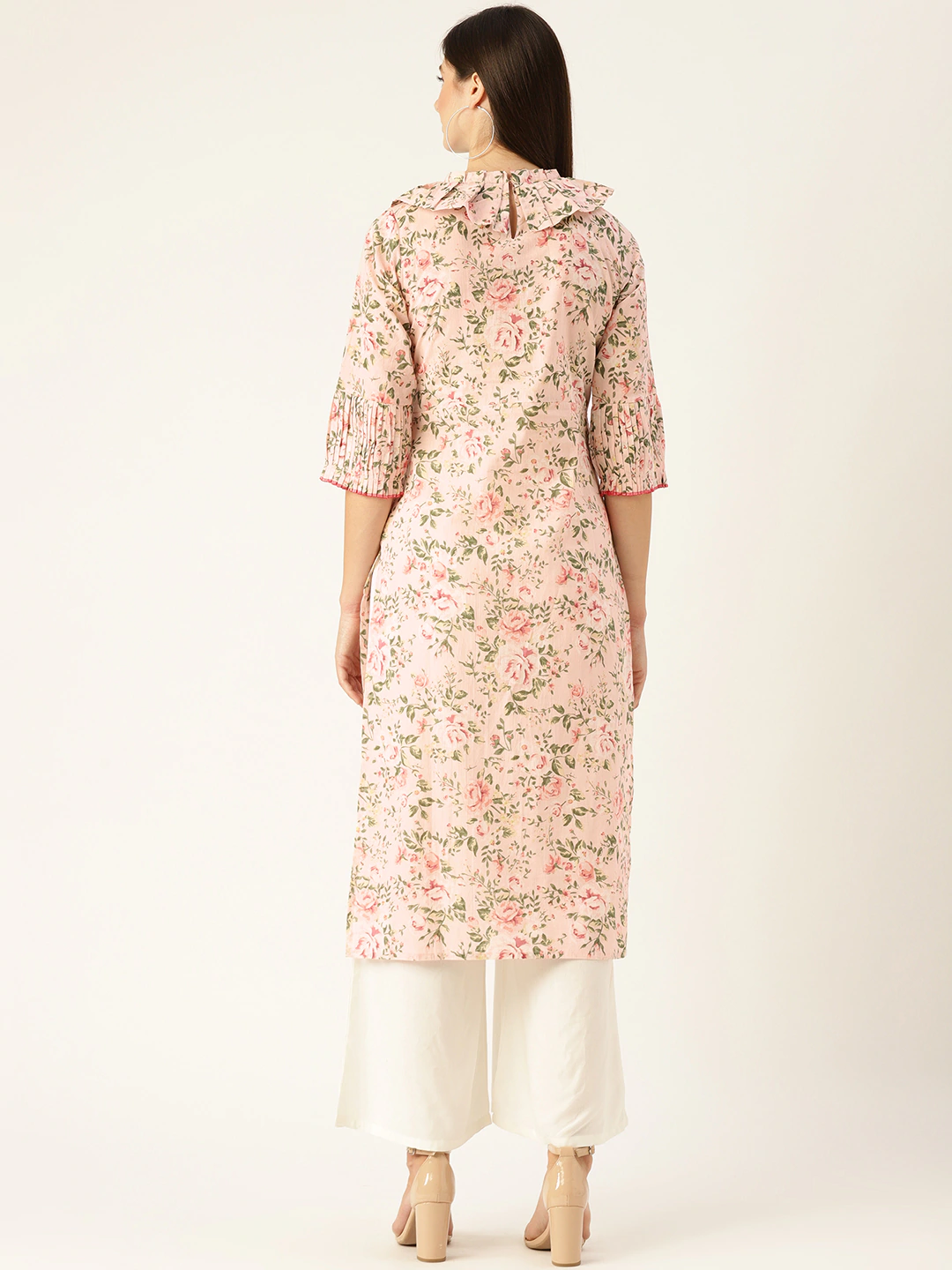 Women Pastel Pink Calf Length Three-Quarter Sleeves Straight Floral Printed  Kurta | NOZ2TOZ - Made In INDIA.