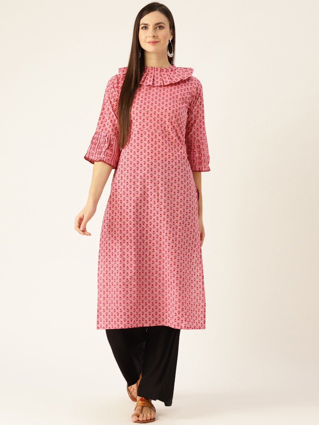 Women Pink Calf Length Three-Quarter Sleeves Straight Ethnic Motifs Printed  Kurta | NOZ2TOZ - Made In INDIA.