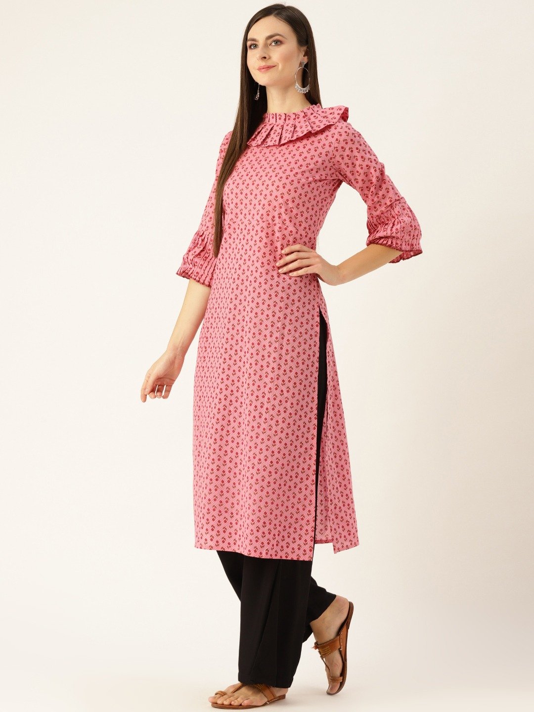 Women Pink Calf Length Three-Quarter Sleeves Straight Ethnic Motifs Printed  Kurta | NOZ2TOZ - Made In INDIA.