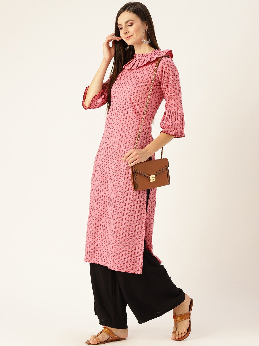 Women Pink Calf Length Three-Quarter Sleeves Straight Ethnic Motifs Printed  Kurta | NOZ2TOZ - Made In INDIA.