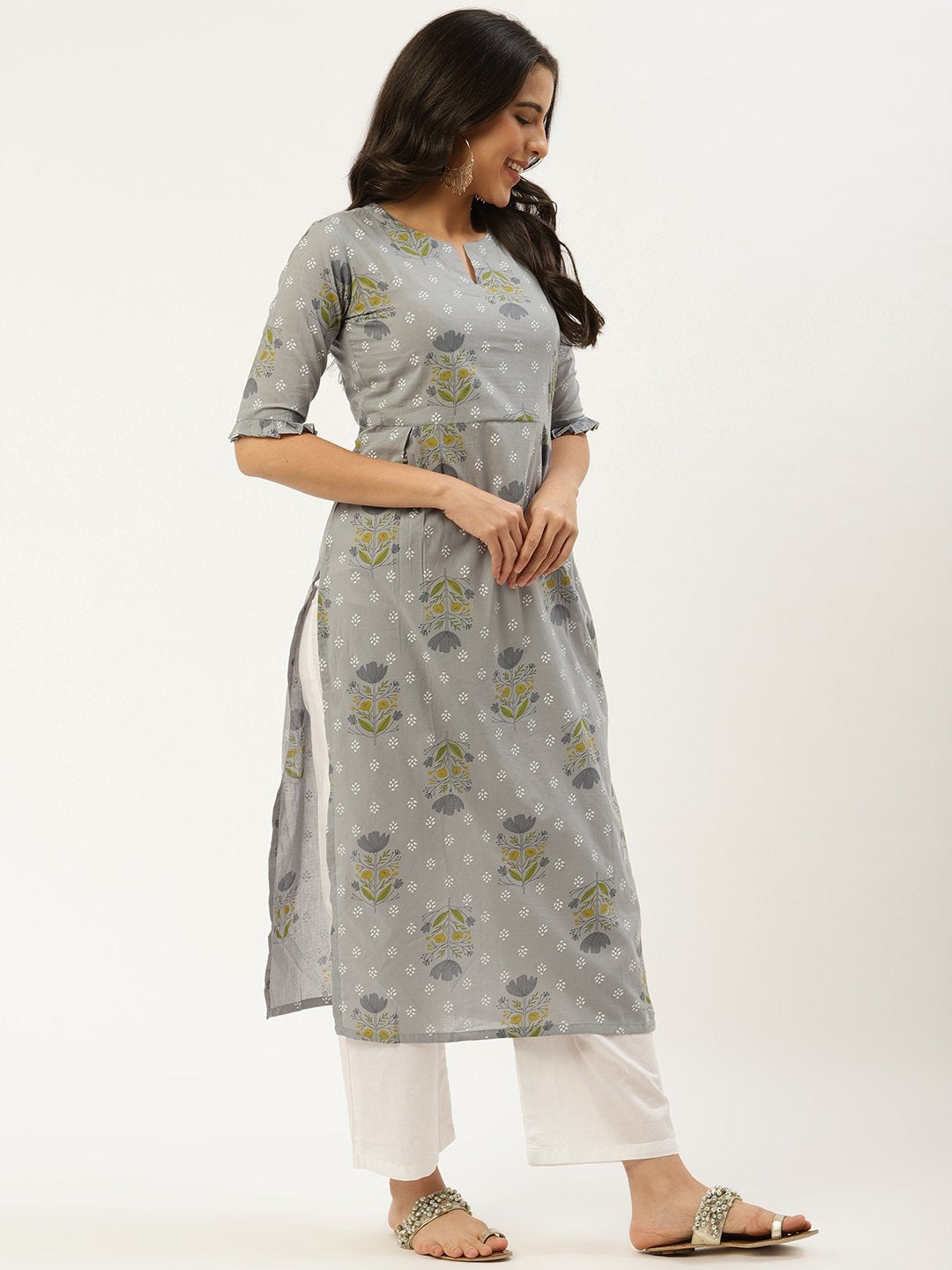 Women Light Grey Calf Length Three-Quarter Sleeves Straight Floral Cotton Kurta | NOZ2TOZ - Made In INDIA.